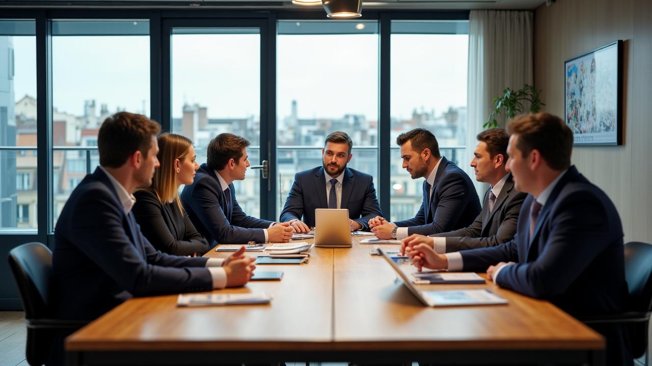 Équipe dynamique collaborant dans un bureau moderne à Paris avec vue sur les toits